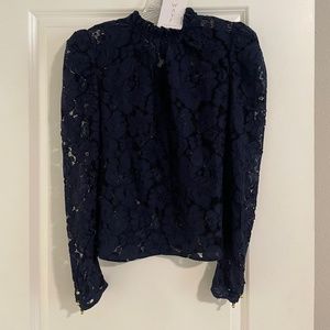 WAYF Emma Puff Long Sleeve Lace Top Navy Blue
